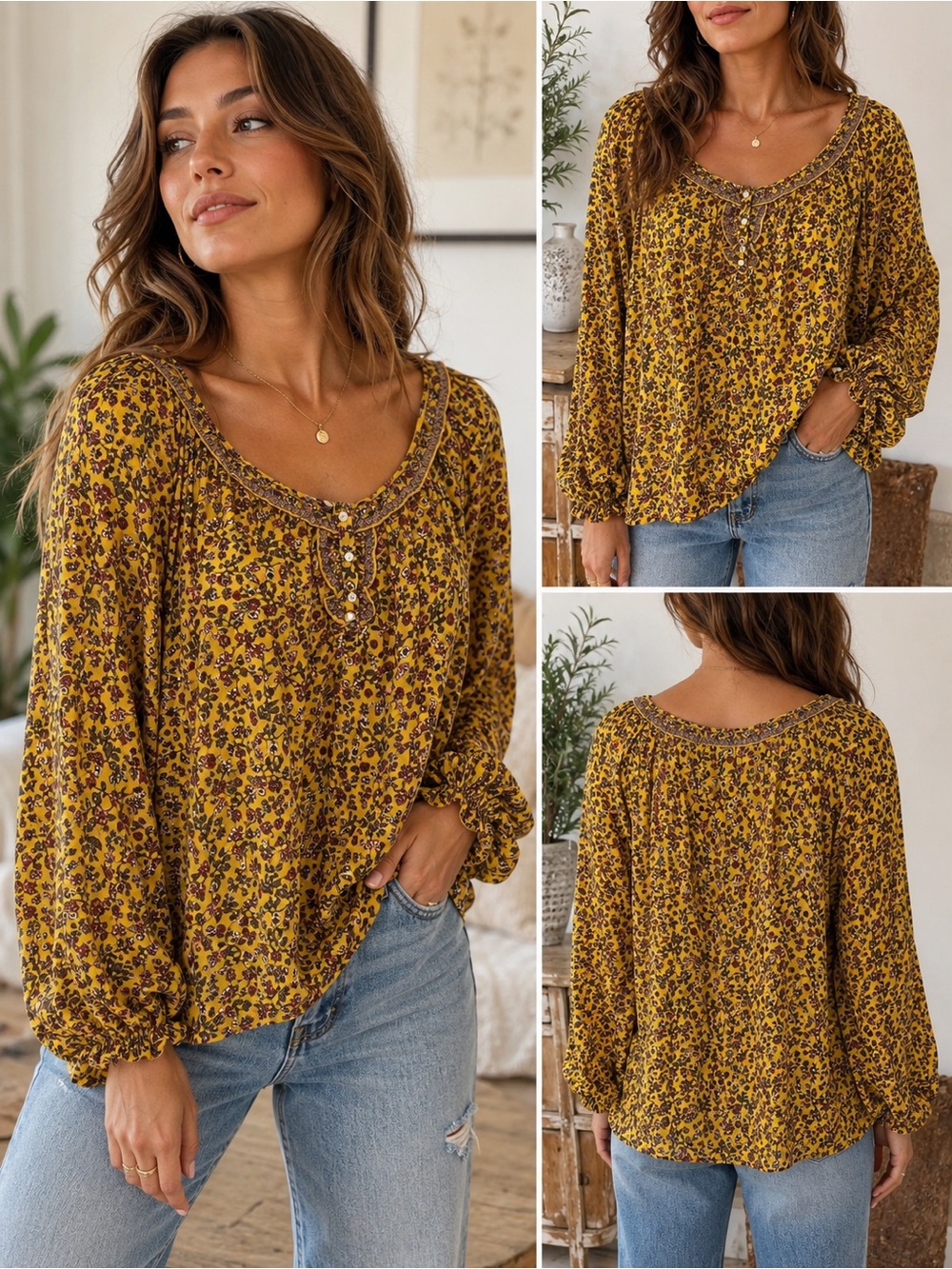 Max Studio Mustard Floral Boho Peasant 1X Blouse Cottagecore Romantic Festival